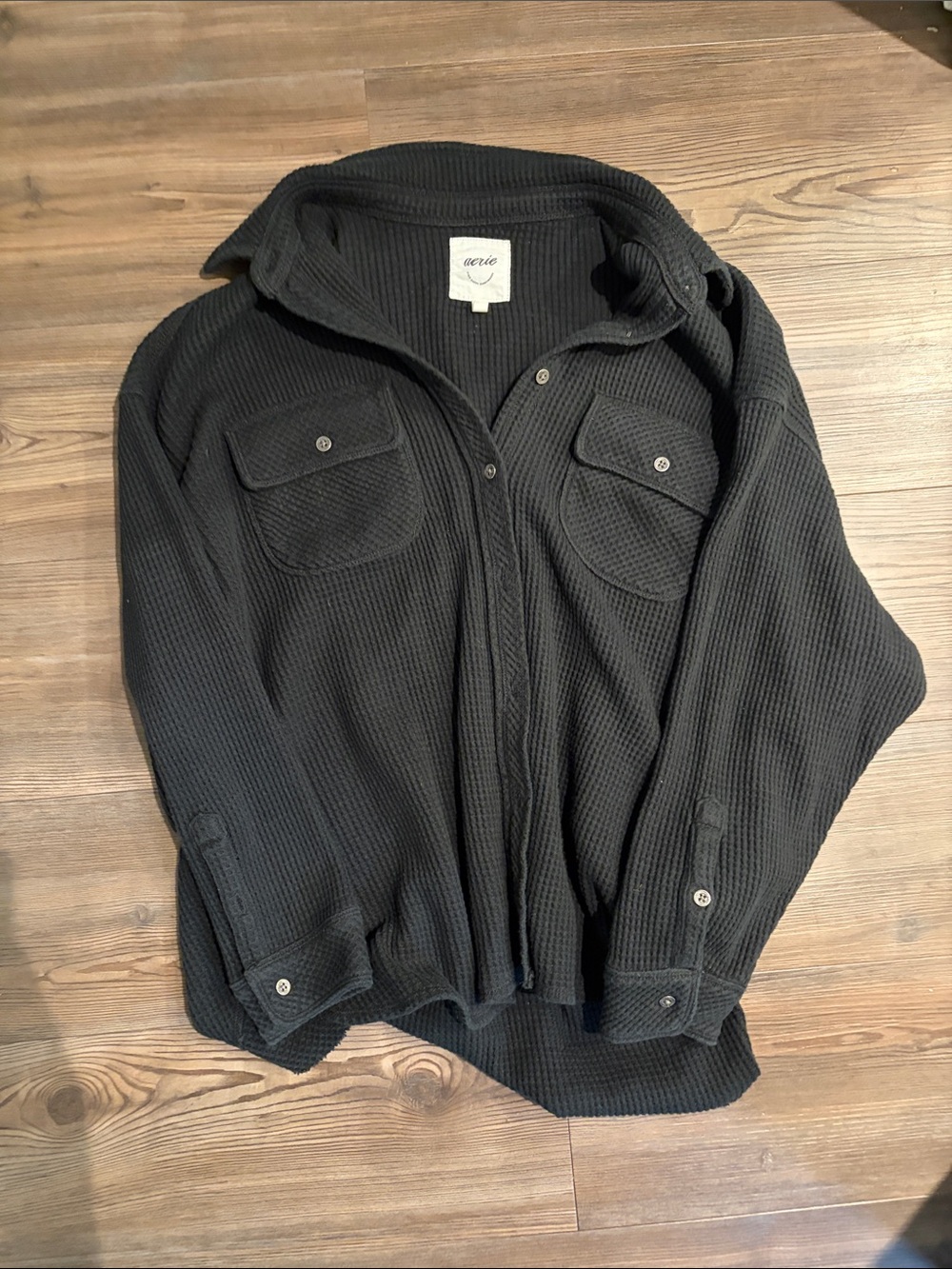aerie Black Ribbed Button-Up Shacket